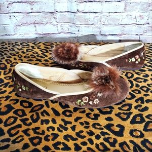 Aldo Suede Embroidered Pom Pom Flats Sz 39/7.5 EUC